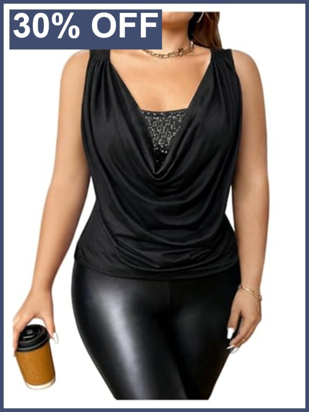 Women's Plus Size Cowl Neck Sequin Tank Top Ruched Sleeveless Dressy